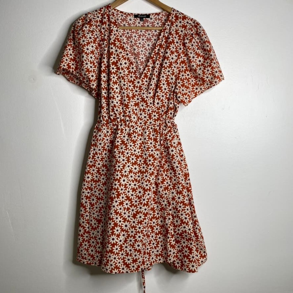 MADEWELL Floral Wrap Mini Dress Ruffle Sleeves V Neck Orange White Size Large